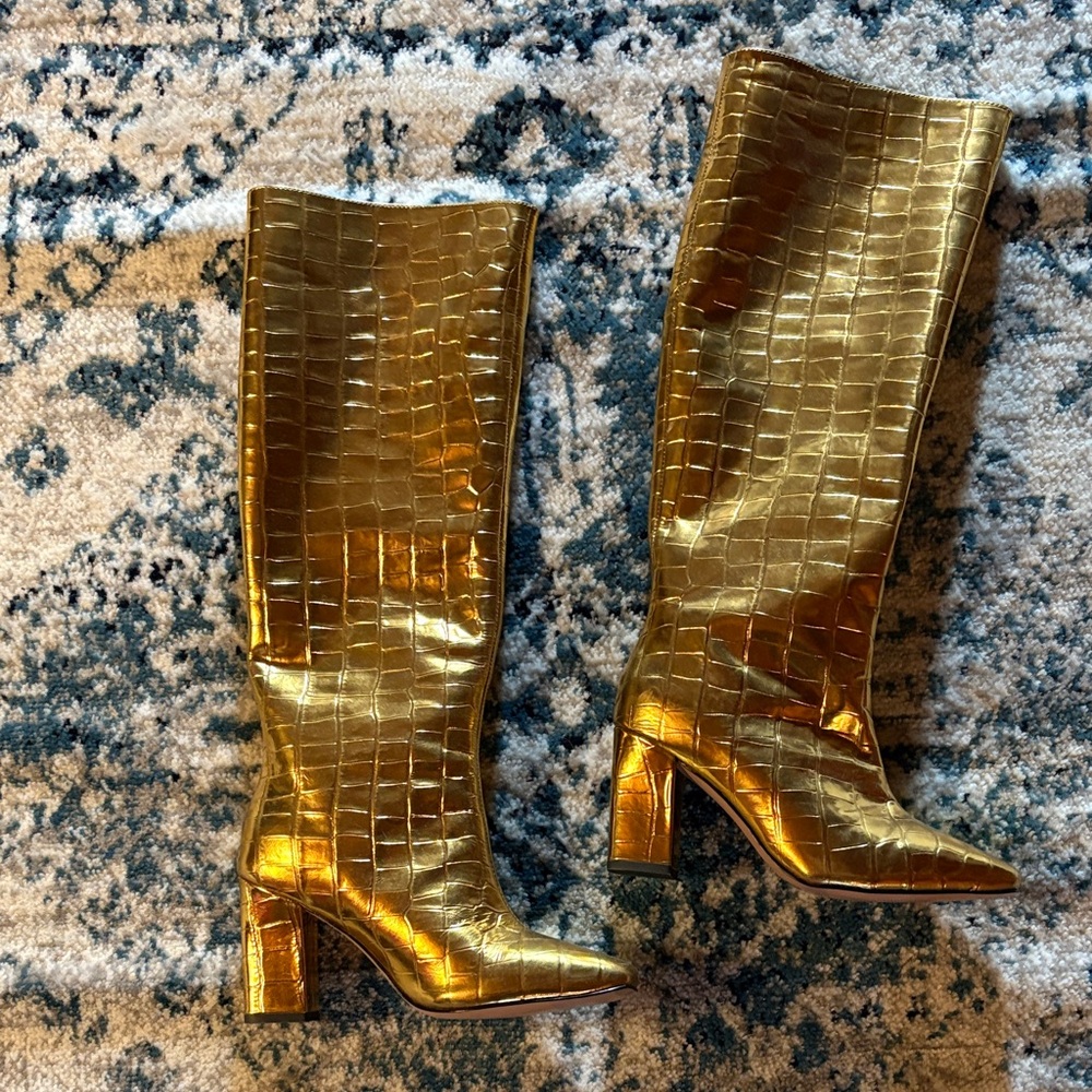 J. Crew Gold Croc-Embossed Heeled Boots